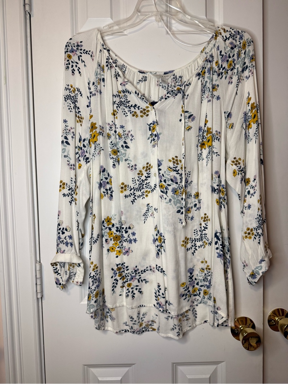 Lucky Brand Floral Peasant Blouse White Yellow Blue Boho Split Neck Top Sz 1x